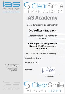 Clear Smile Inman Aligner Zertifikat Dr. Volker Staubach
